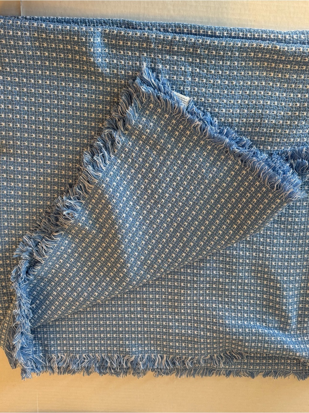 Woven Wedge-wood Blue/White Cotton Table Cloth with Fringe